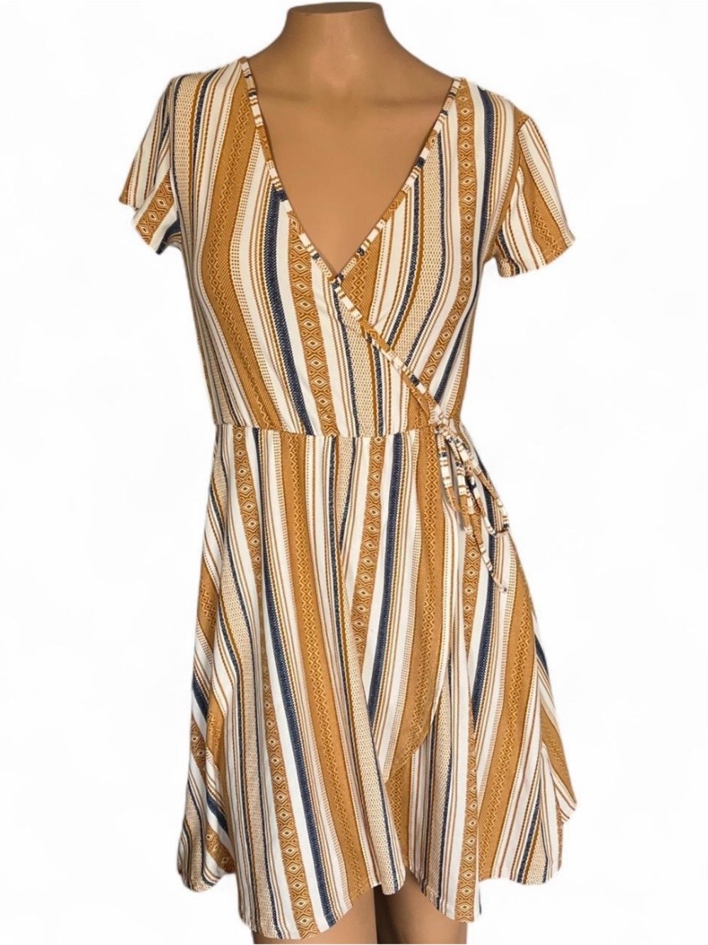 Derek Heart Mustard Yellow Striped Faux Wrap Dress